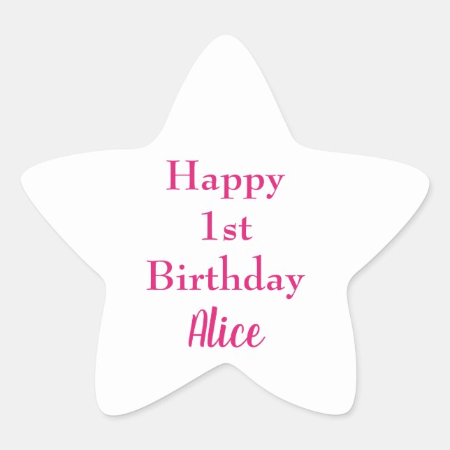 Happy 1st First Birthday Pink White Custom Name Star Sticker (Front)
