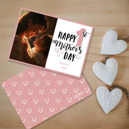 Happy 1st Mother’s Day in Pink with Hearts & Photo Holiday Card