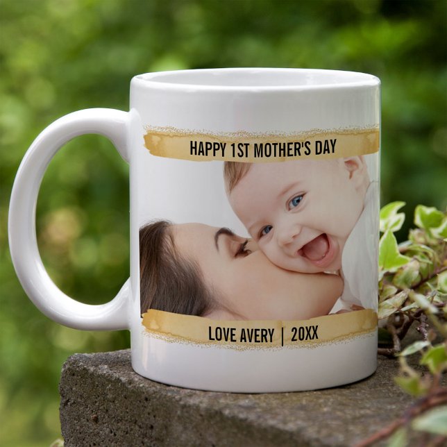 Happy 1st Mothers Day 2 Photo Yellow Brushstroke Coffee Mug (Creator Uploaded)