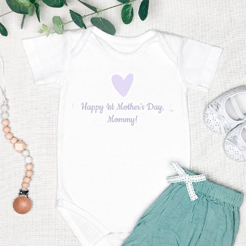 Happy 1st Mothers Day  Cute Lilac Heart Baby Bodysuit