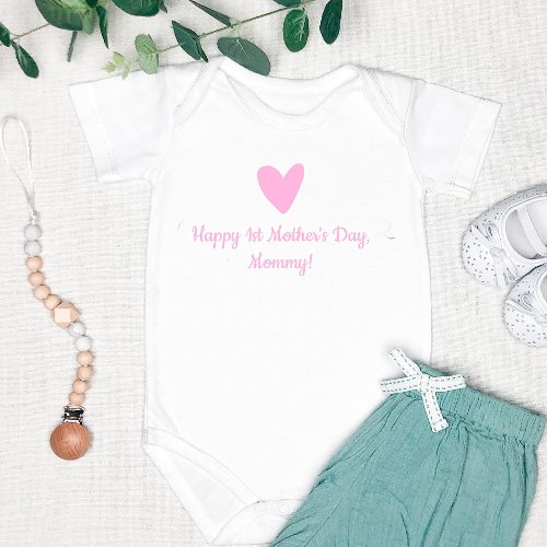 Happy 1st Mothers Day  Cute Pink Heart Baby Bodysuit