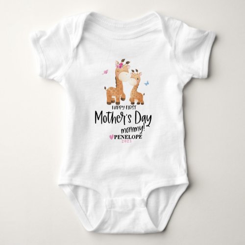 Happy 1st Mothers Day Giraffe Baby Bodysuit  Name