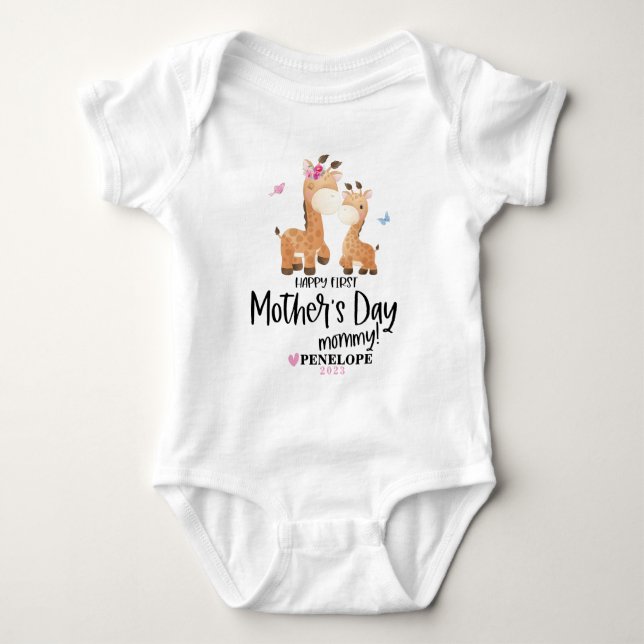 Happy 1st Mothers Day Giraffe Baby Bodysuit + Name (Front)