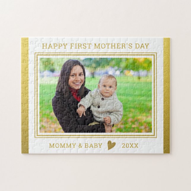Happy 1st Mother's Day  Mom And Baby Photo Gold Jigsaw Puzzle (Horizontal)