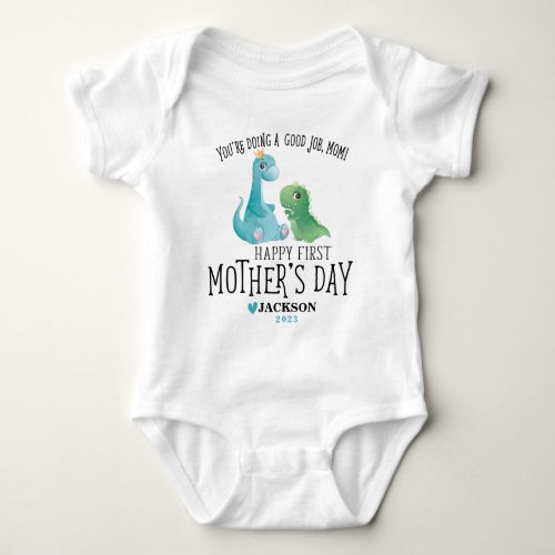 Happy 1st Mothers Day With Name Dinosaurs Print Baby Bodysuit
