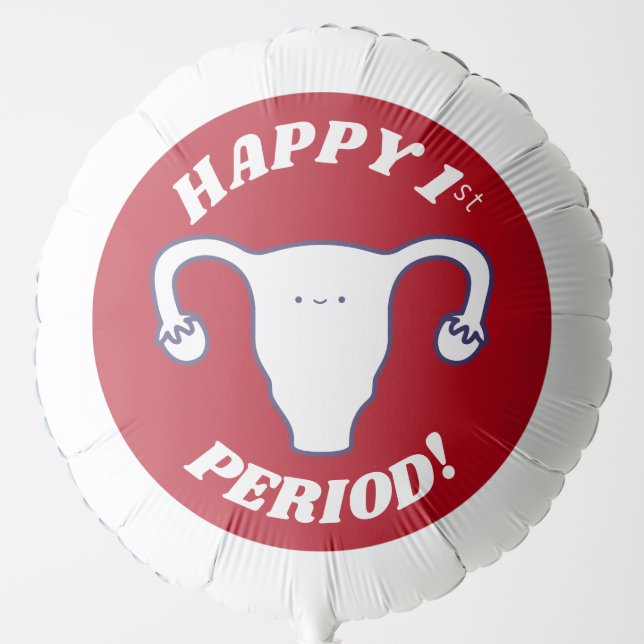 Happy 1st Period Cute Red White Cartoon Uterus Balloon (Front)