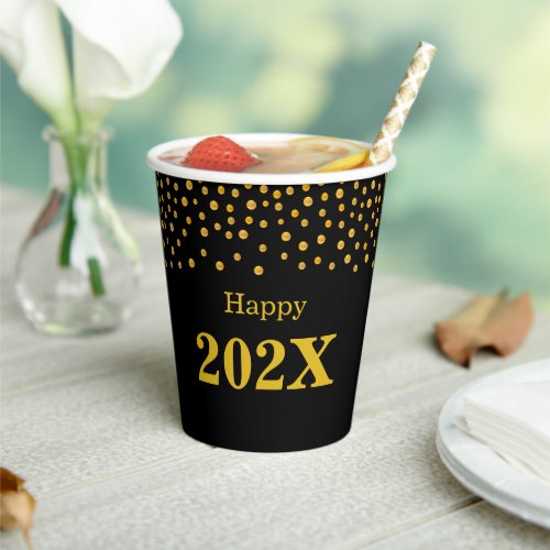 Happy 2022  Gold Confetti on Black Paper Cups