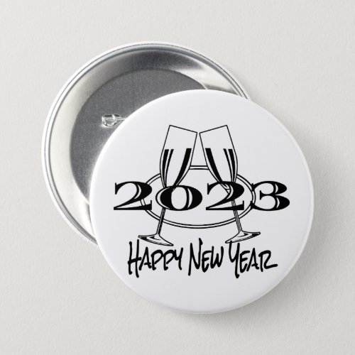 Happy 2023 New Year Button with Champagne Glasses