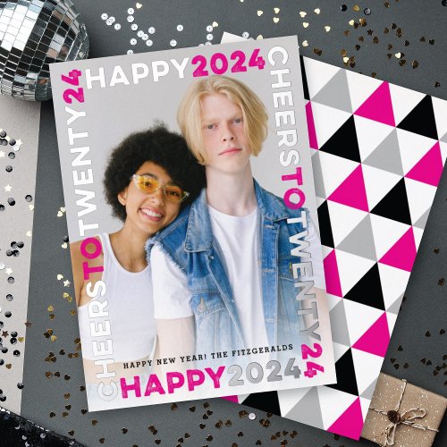 Happy 2024 Blocks Frame Typography New Year Photo Foil Holiday Card
