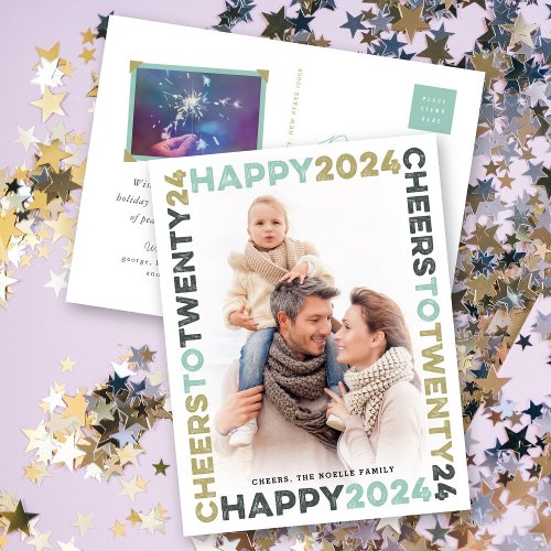 Happy 2024 Blocks Frame Typography New Year Photo Holiday Postcard