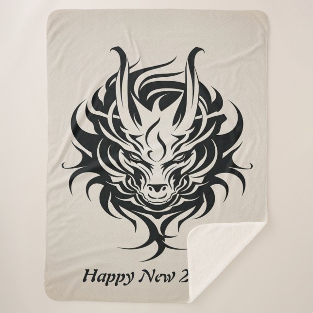 Happy 2024 Year of Black Dragon Face Sherpa Blanket (Front)