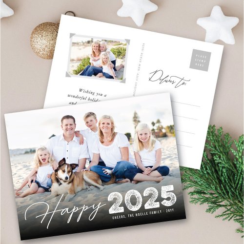 Happy 2025 Typography Minimalist New Year Photo Holiday Postcard
