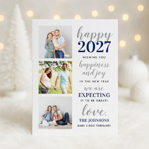 Happy 2027 Navy Silver Gray Expecting Baby Holiday Card