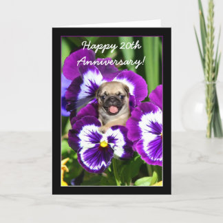 Happy 20th Anniversary Pug in pansies card