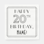 [ Thumbnail: Happy 20th Birthday; Art Deco Style; Custom Name Napkins ]
