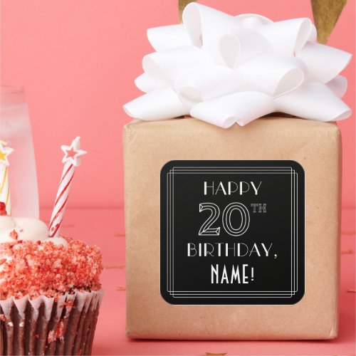 HAPPY 20TH BIRTHDAY Art Deco Style Custom Name Square Sticker