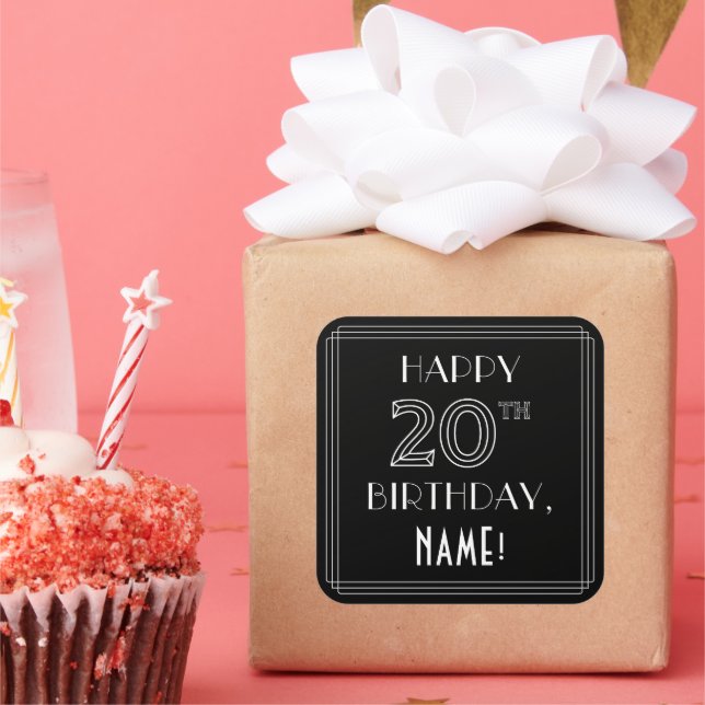 HAPPY 20TH BIRTHDAY; Art Deco Style; Custom Name Square Sticker (Party)