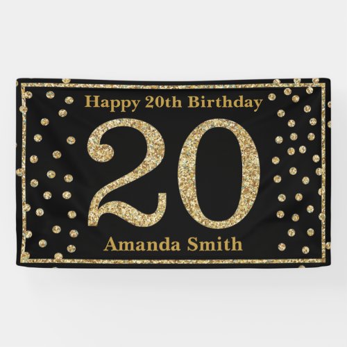 Happy 20th Birthday Banner Black and Gold Glitter