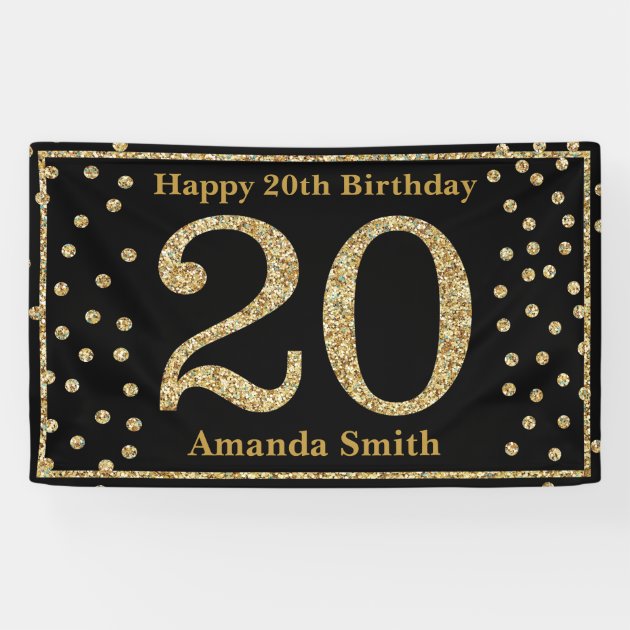 Happy 20th Birthday Banner Black And Gold Glitter | Zazzle