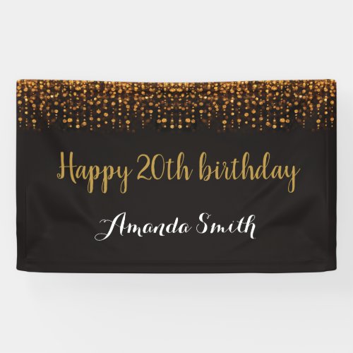 Happy 20th Birthday Banner Black and Gold Glitter Banner