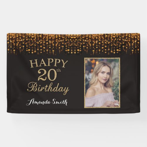 Happy 20th Birthday Banner Gold Glitter Photo Banner