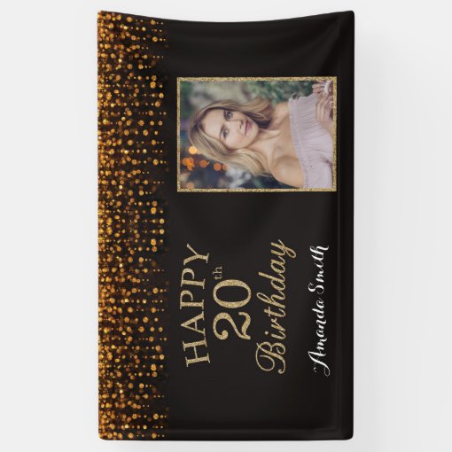 Happy 20th Birthday Banner. Gold Glitter Photo Banner | Zazzle