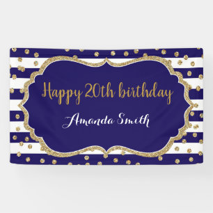 Happy 20th Birthday Banner Navy Blue Gold Glitter