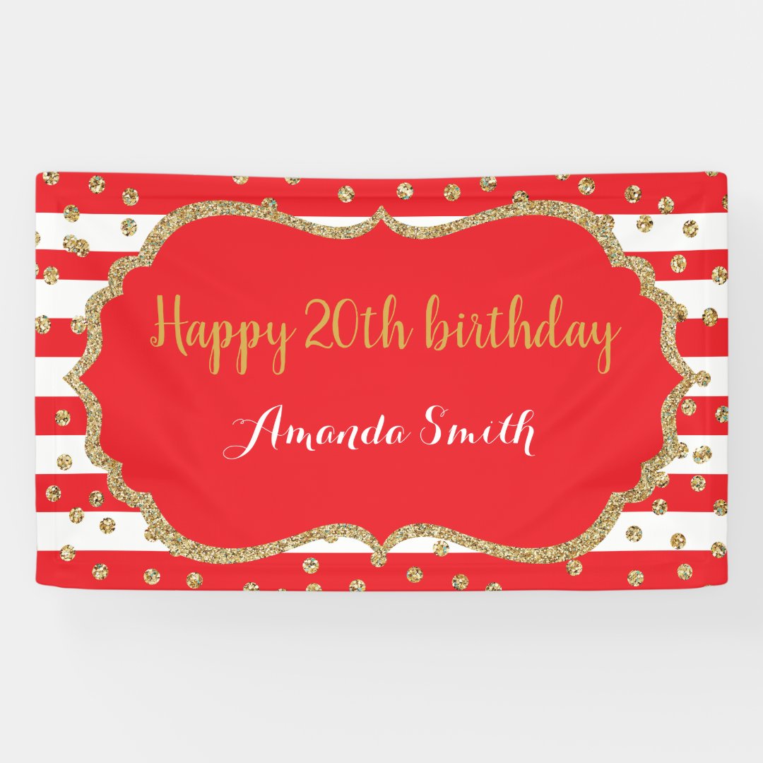 Happy 20th Birthday Banner Red And Gold Glitter | Zazzle