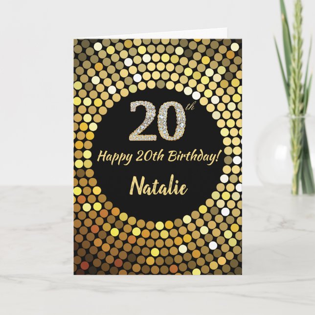 Happy 20th Birthday Black and Gold Glitter Card (Front)