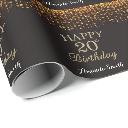 Happy 20th Birthday Black and Gold Glitter Wrapping Paper