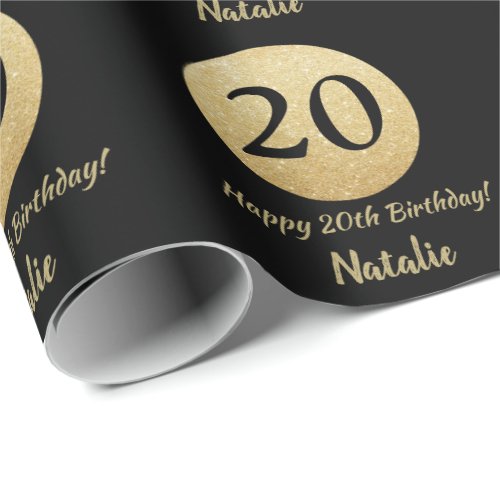 Happy 20th Birthday Black and Gold Glitter Wrapping Paper