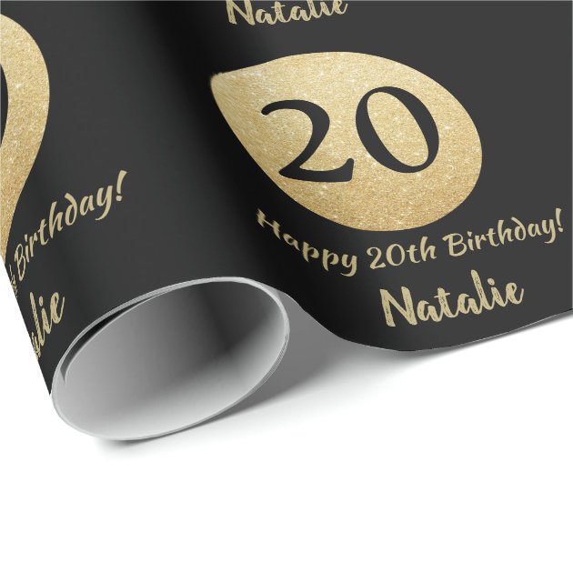 Happy 20th Birthday Black And Gold Glitter Wrapping Paper | Zazzle