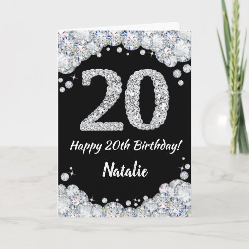 Happy 20th Birthday Black and Silver Glitter Card