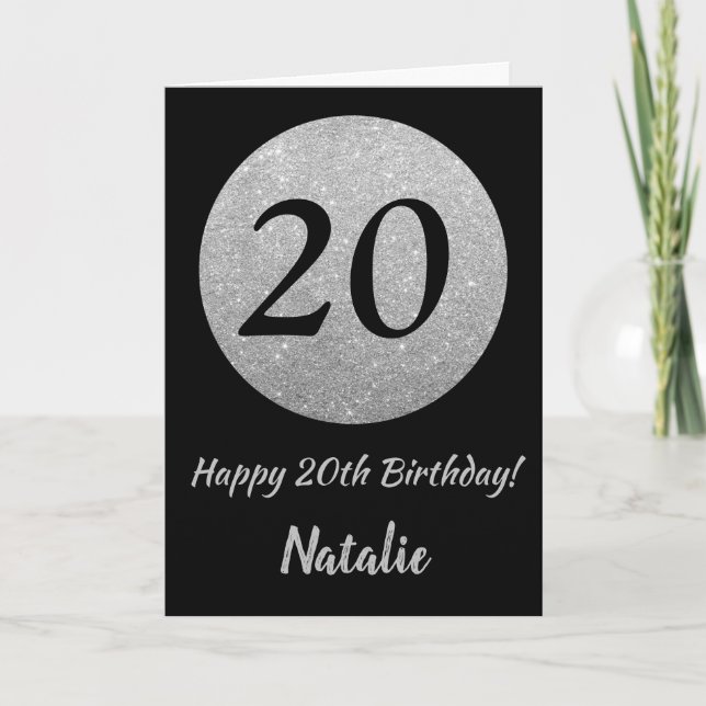 Happy 20th Birthday Black and Silver Glitter Card (Front)