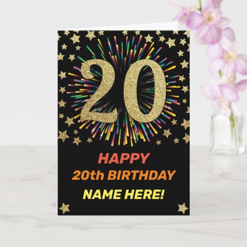 Happy 20th Birthday Black  Gold Rainbow Firework Card