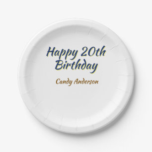 happy 20th birthday blue yellow simple minimal dat paper plates