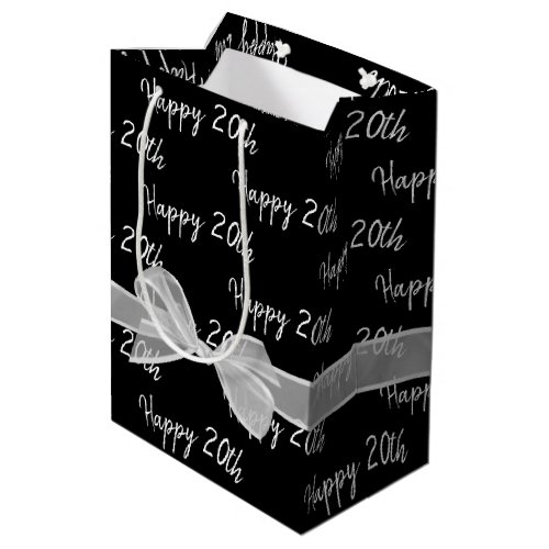 Happy 20th Birthday Bow On Black Medium Gift Bag