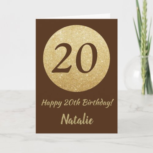 Happy 20th Birthday Brown and Gold Glitter Card