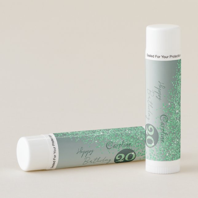 Happy 20th Birthday Chic Green Glitter  Lip Balm (Front)