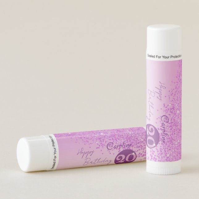 Happy 20th Birthday Chic Pink Glitter  Lip Balm (Front)