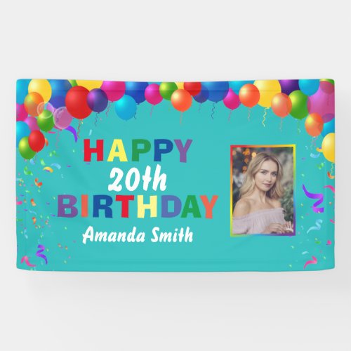 Happy 20th Birthday Colorful Balloons Teal Banner