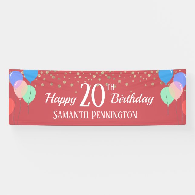 Happy 20th Birthday Confetti and Balloons Banner (Horizontal)