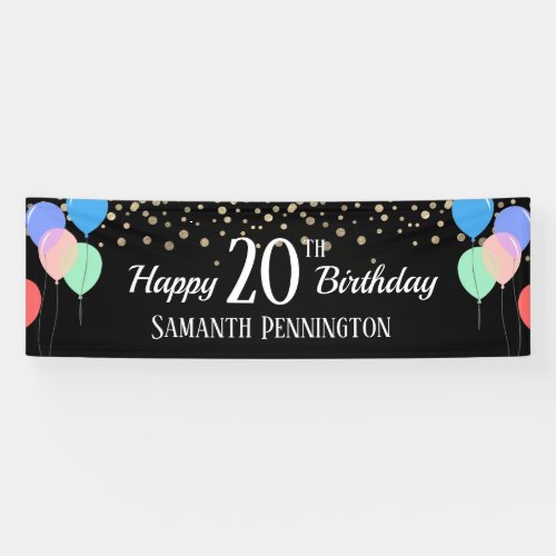 Happy 20th Birthday Confetti and Balloons Banner