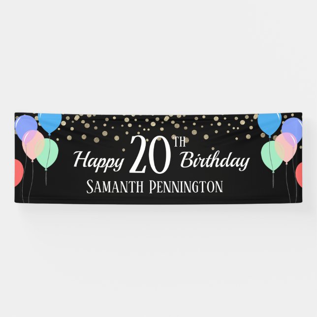 Happy 20th Birthday Confetti and Balloons Banner (Horizontal)
