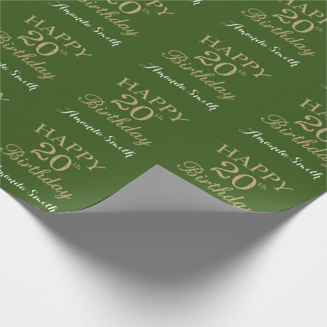 Happy 20th Birthday Gold Glitter and Green Wrapping Paper (Corner)