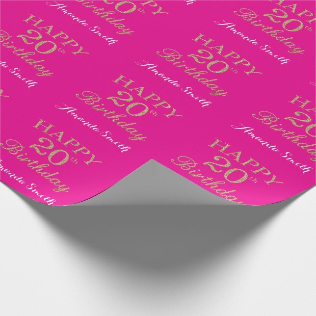 Happy 20th Birthday Gold Glitter and Hot Pink Wrapping Paper (Corner)