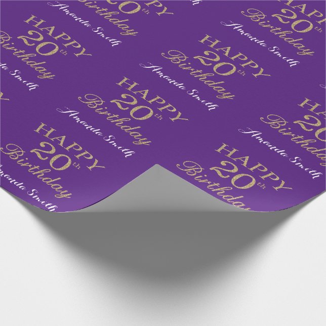 Happy 20th Birthday Gold Glitter and Purple Wrapping Paper (Corner)