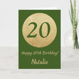 Happy 20th Birthday Green and Gold Glitter Card