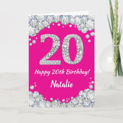 Happy 20th Birthday Hot Pink and Silver Glitter Card