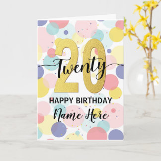 Happy 20th Birthday Pastel Rainbow and Gold Girl Card